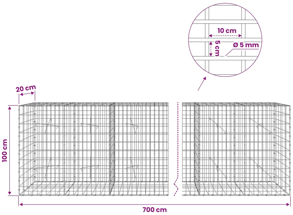 Gabionas su 5 mm Viela ir 5x10 cm Tinkleliu 700x20x100 cm