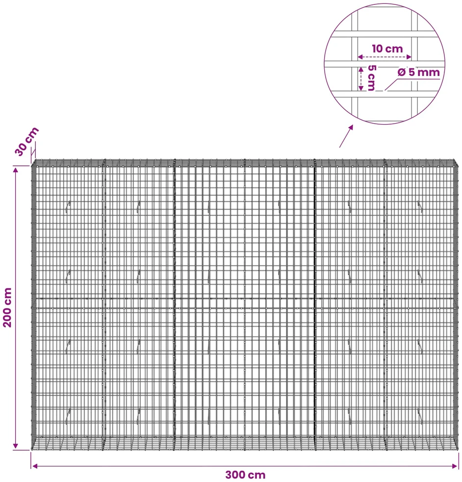 Gabionas su 5 mm Viela ir 5x10 cm Tinkleliu 300x30x200 cm