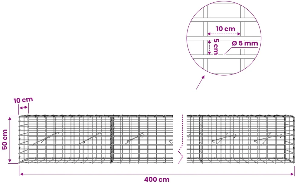 Gabionas su 5 mm Viela ir 5x10 cm Tinkleliu 400x10x50 cm