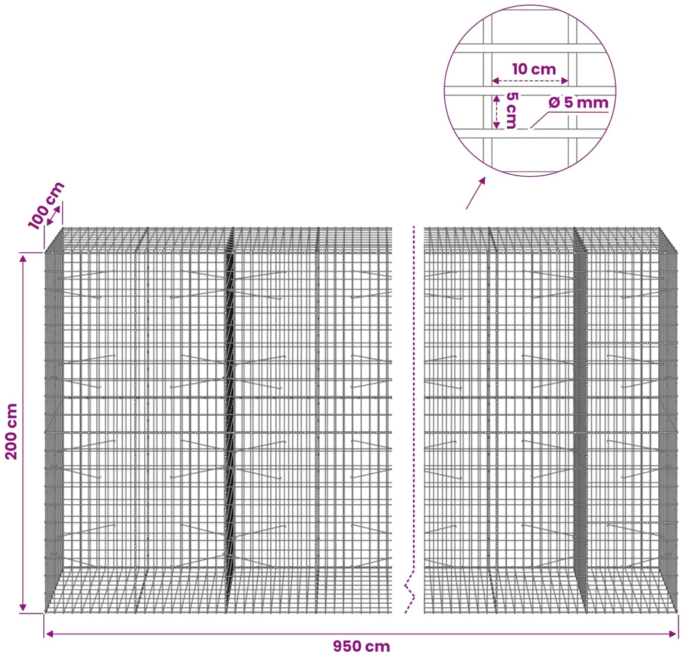 Gabionas su 5 mm viela ir 5x10 cm tinkleliu 950x100x200 cm