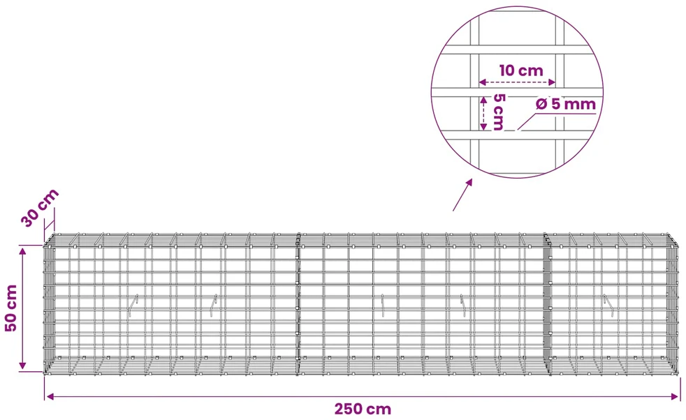 Gabionas su 5 mm viela ir 5x10 cm tinkleliu 250x30x50 cm