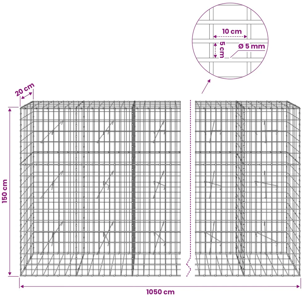 Gabionas su 5 mm viela ir 5x10 cm tinkleliu 1050x20x150 cm