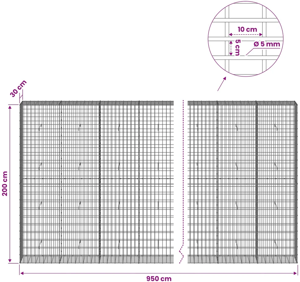 Gabionas su 5 mm Viela ir 5x10 cm Tinkleliu 950x30x200 cm