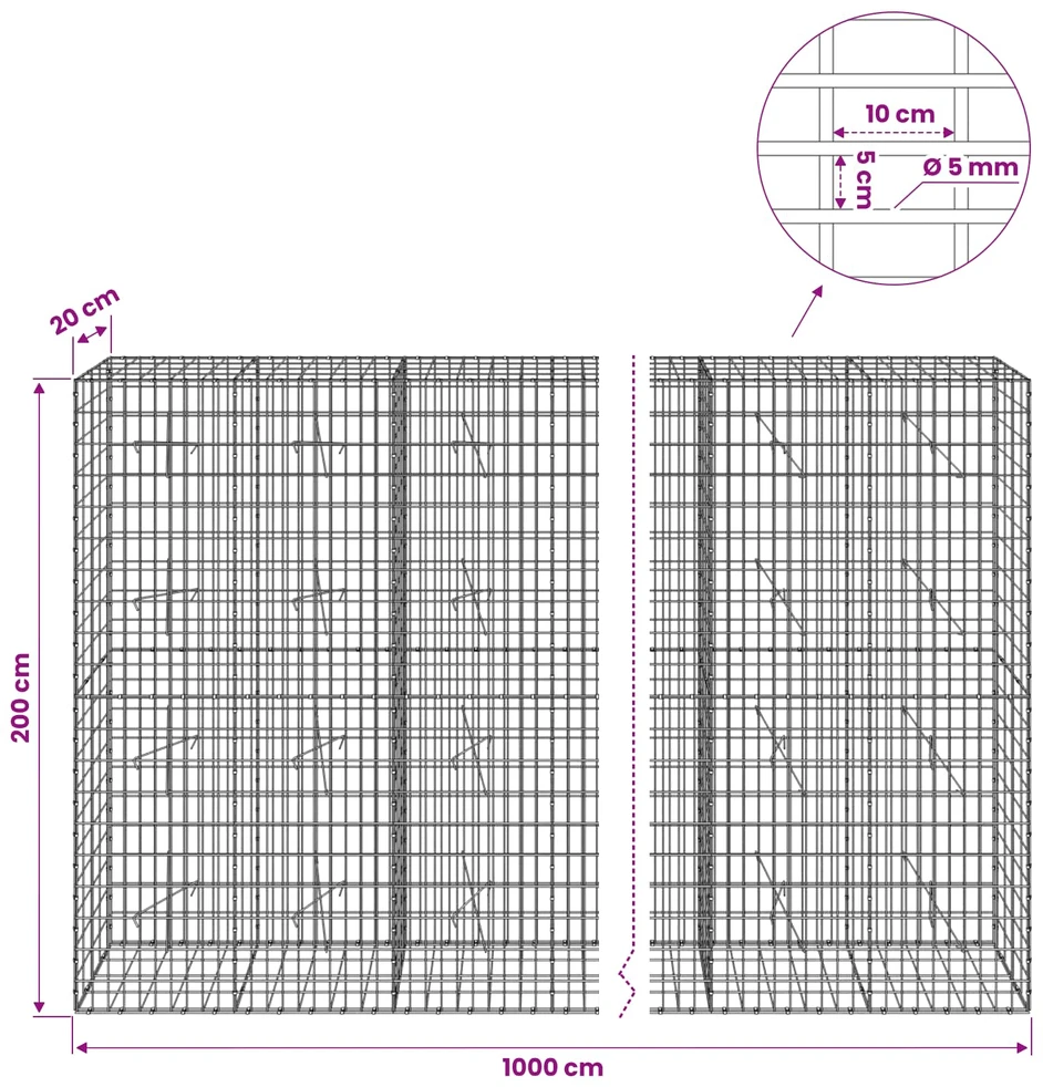 Gabionas su 5 mm viela ir 5x10 cm tinkleliu 1000x20x200 cm