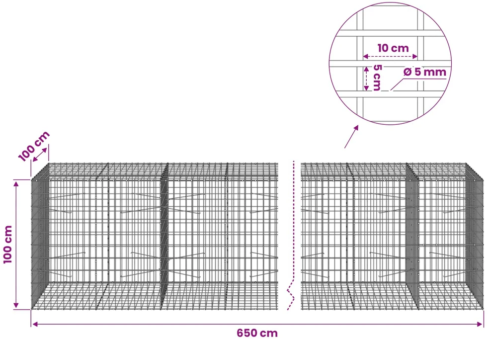 Gabionas su 5 mm viela ir 5x10 cm tinkleliu 650x100x100 cm