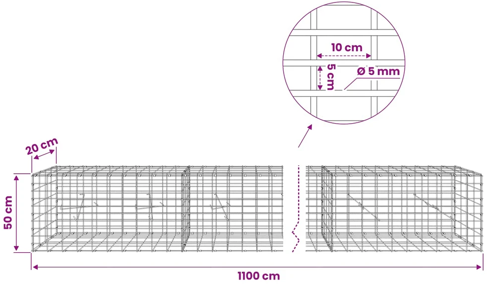 Gabionas su 5 mm Viela ir 5x10 cm Tinkleliu 1100x20x50 cm