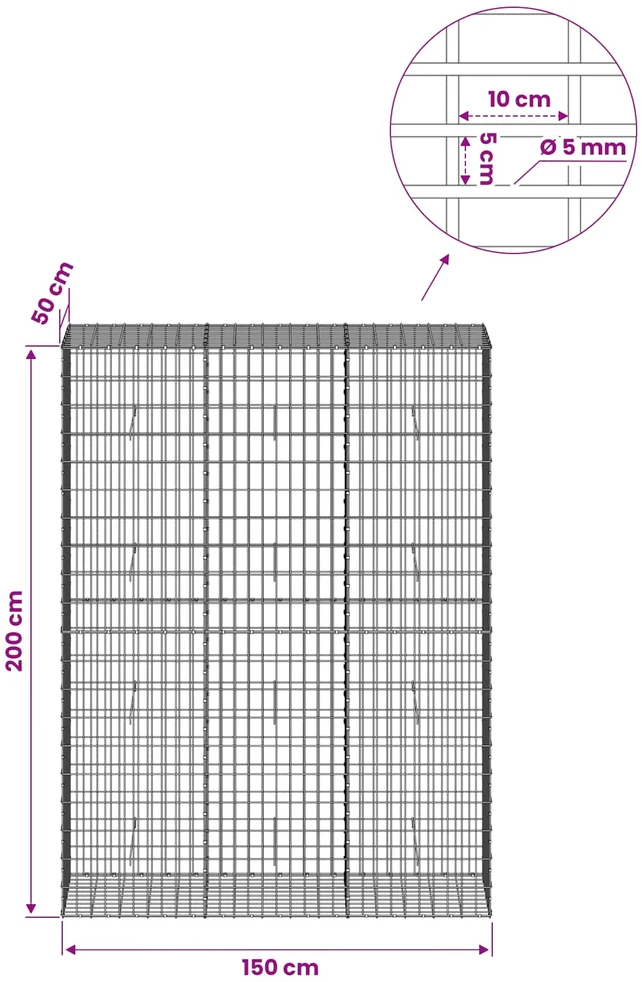Gabionas su 5 mm viela ir 5x10 cm tinkleliu 150x50x200 cm