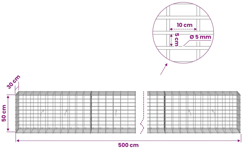 Gabionas su 5 mm Viela ir 5x10 cm Tinkleliu 500x30x50 cm