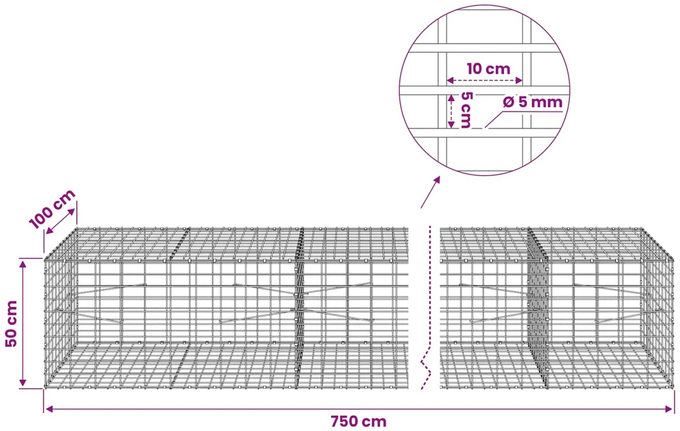 Gabionas su 5 mm viela ir 5x10 cm tinkleliu 750x100x50 cm