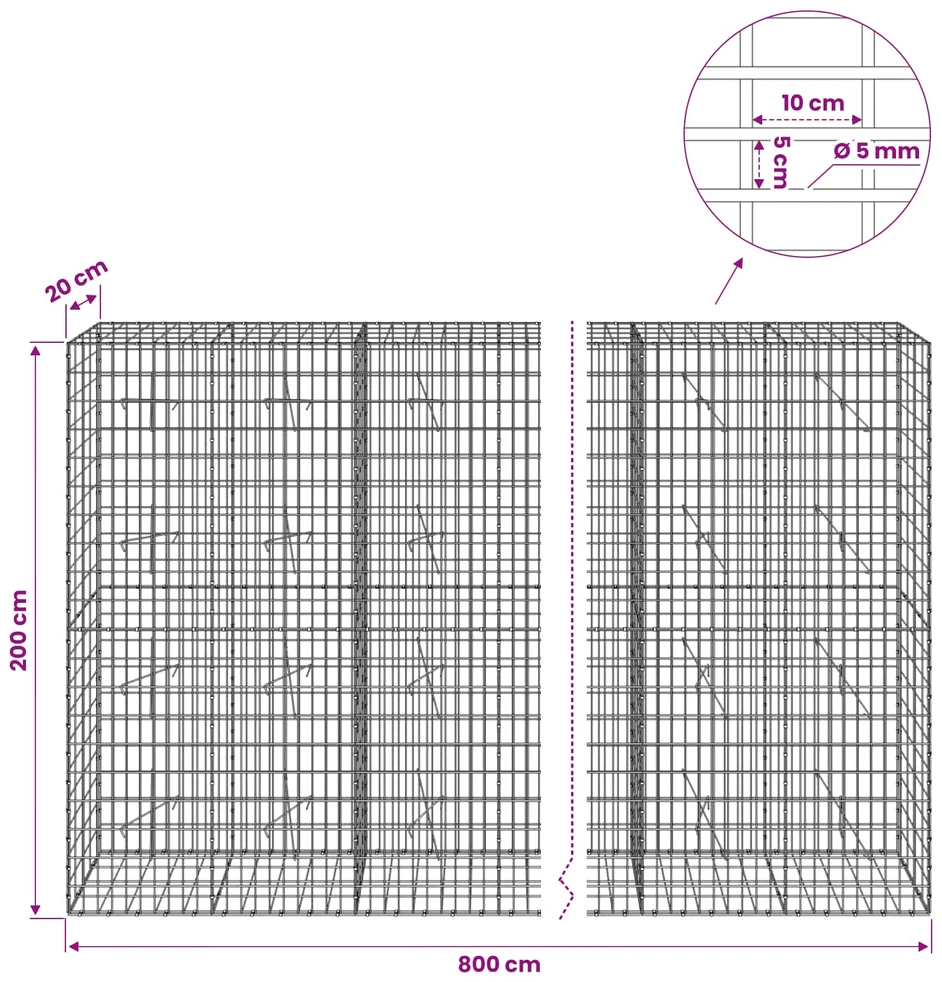 Gabionas su 5 mm viela ir 5x10 cm tinkleliu 800x20x200 cm