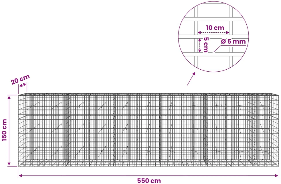 Gabionas su 5 mm viela ir 5x10 cm tinkleliu 550x20x150 cm