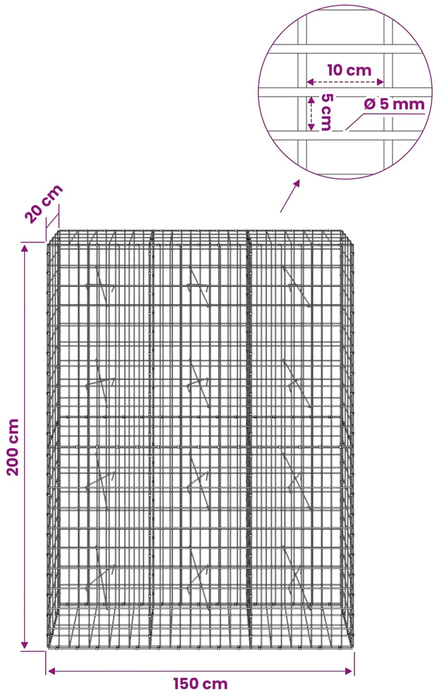 Gabionas su 5 mm Viela ir 5x10 cm Tinkleliu 150x20x200 cm