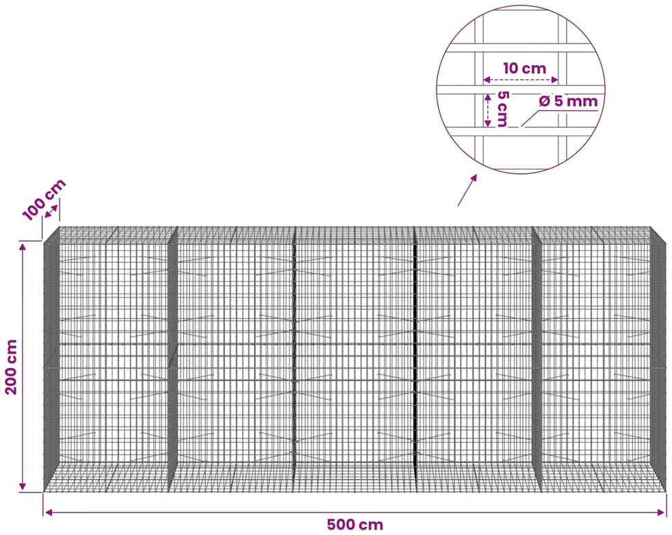 Gabionas su 5 mm Viela ir 5x10 cm Tinkleliu 500x100x200 cm