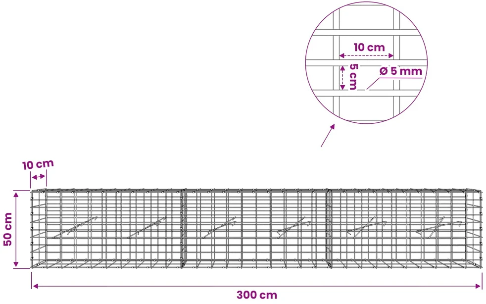 Gabionas su 5 mm Viela ir 5x10 cm Tinkleliu 300x10x50 cm