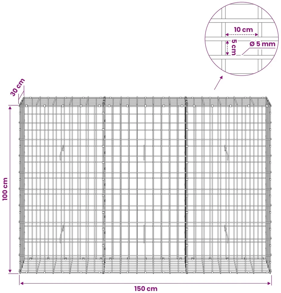 Gabionas su 5 mm Viela ir 5x10 cm Tinkleliu 150x30x100 cm