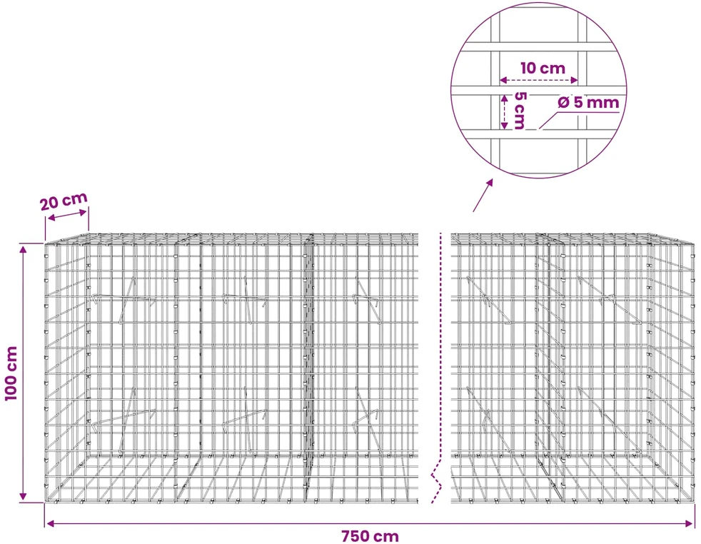 Gabionas su 5 mm Viela ir 5x10 cm Tinkleliu 750x20x100 cm