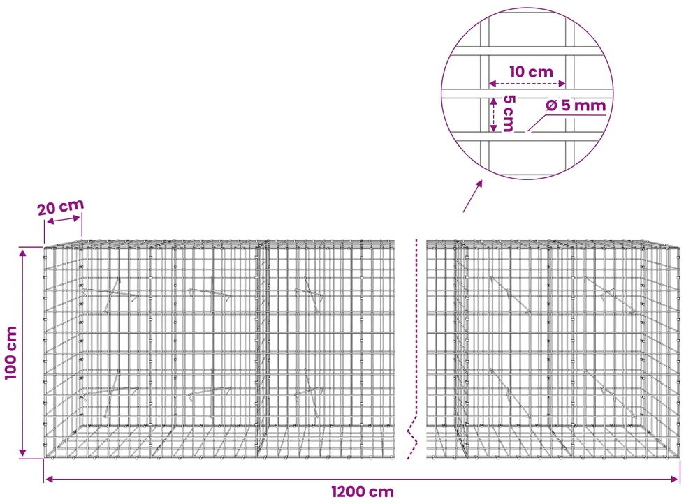 Gabionas su 5 mm Viela ir 5x10 cm Tinkleliu 1200x20x100 cm