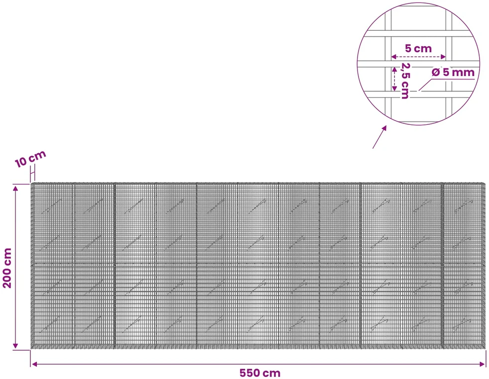 Gabionas su 5 mm viela ir 5x2,5 cm tinkleliu 550x10x200 cm
