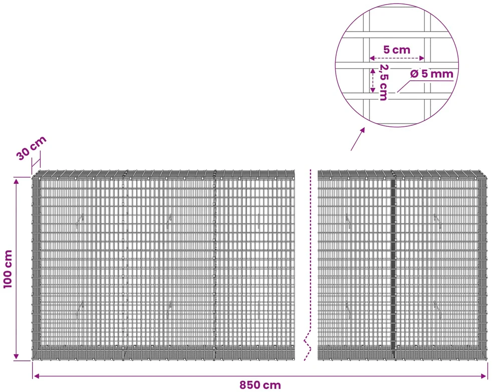 Gabionas su 5 mm viela ir 5x2,5 cm tinkleliu 850x30x100 cm
