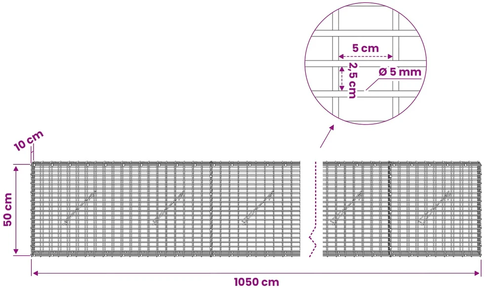 Gabionas su 5 mm viela ir 5x2,5 cm tinkleliu 1050x10x50 cm