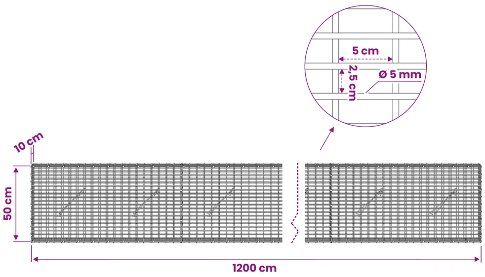 Gabionas su 5 mm viela ir 5x2,5 cm tinkleliu 1200x10x50 cm