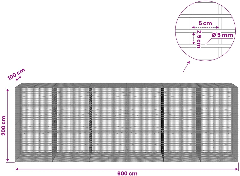 Gabionas su 5 mm viela ir 5x2,5 cm tinkleliu 600x100x200 cm