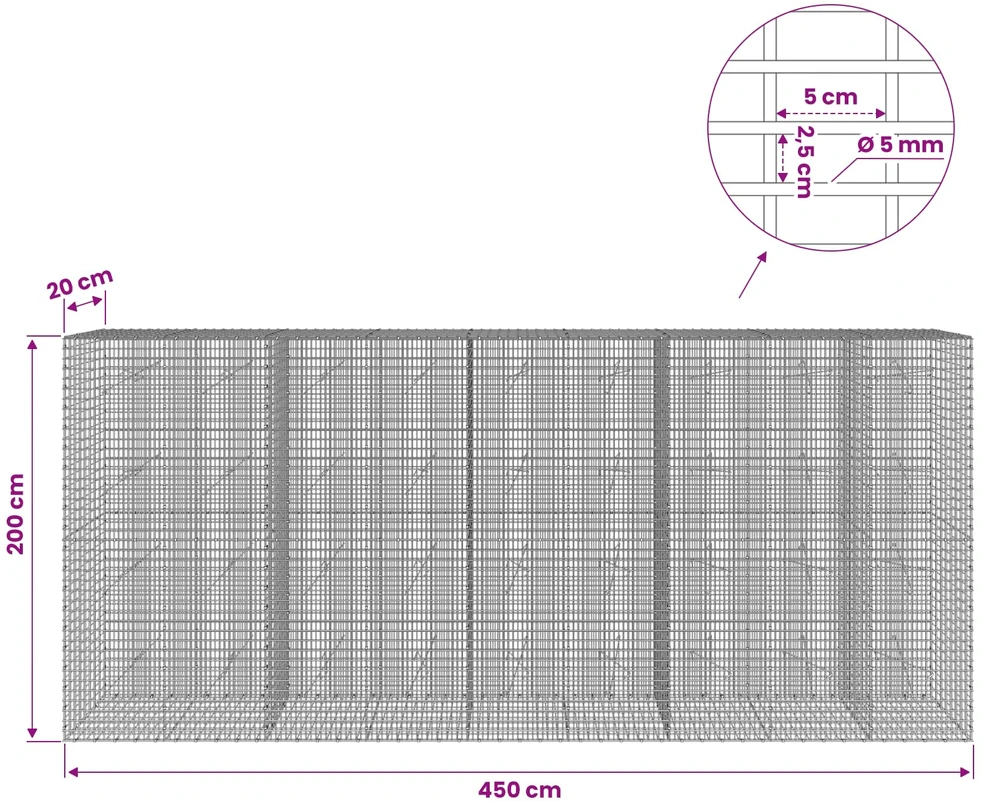 Gabionas su 5 mm viela ir 5x2,5 cm tinkleliu 450x20x200 cm