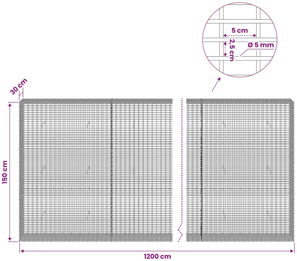 Gabionas su 5 mm viela ir 5x2,5 cm tinkleliu 1200x30x150 cm