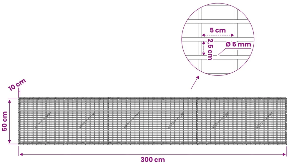 Gabionas su 5 mm viela ir 5x2,5 cm tinkleliu 300x10x50 cm