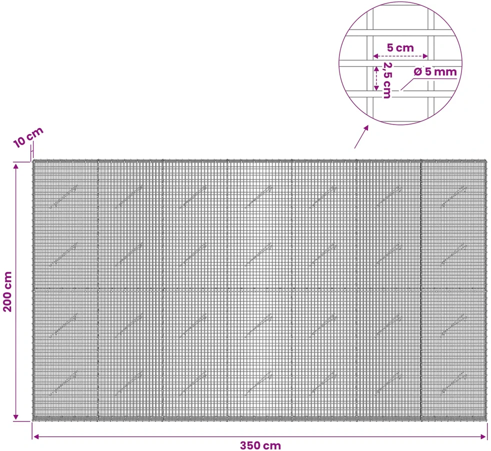 Gabionas su 5 mm viela ir 5x2,5 cm tinkleliu 350x10x200 cm