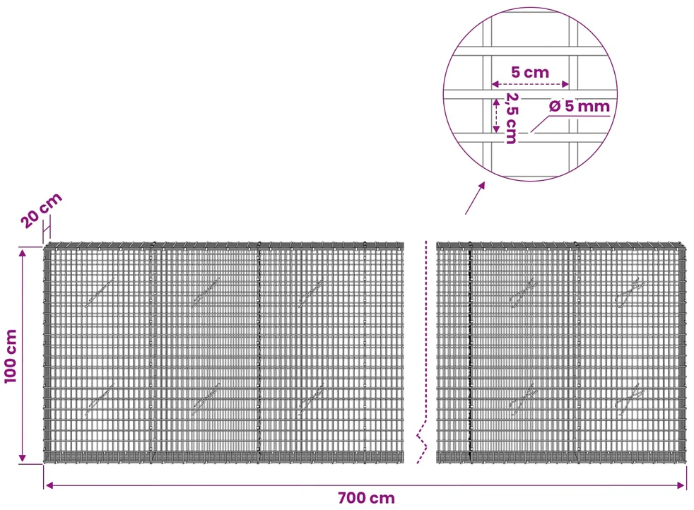 Gabionas su 5 mm viela ir 5x2,5 cm tinkleliu 700x20x100 cm