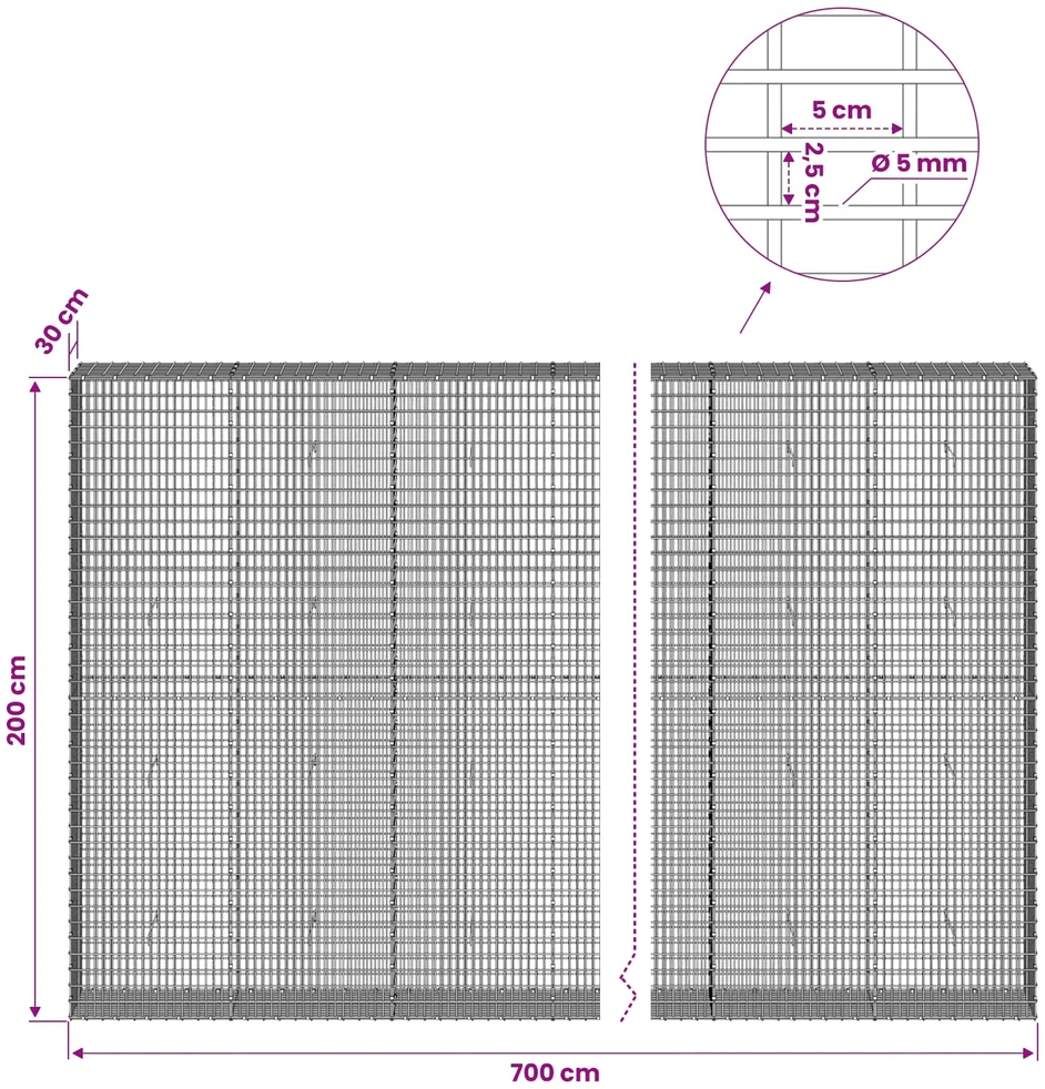 Gabionas su 5 mm viela ir 5x2,5 cm tinkleliu 700x30x200 cm