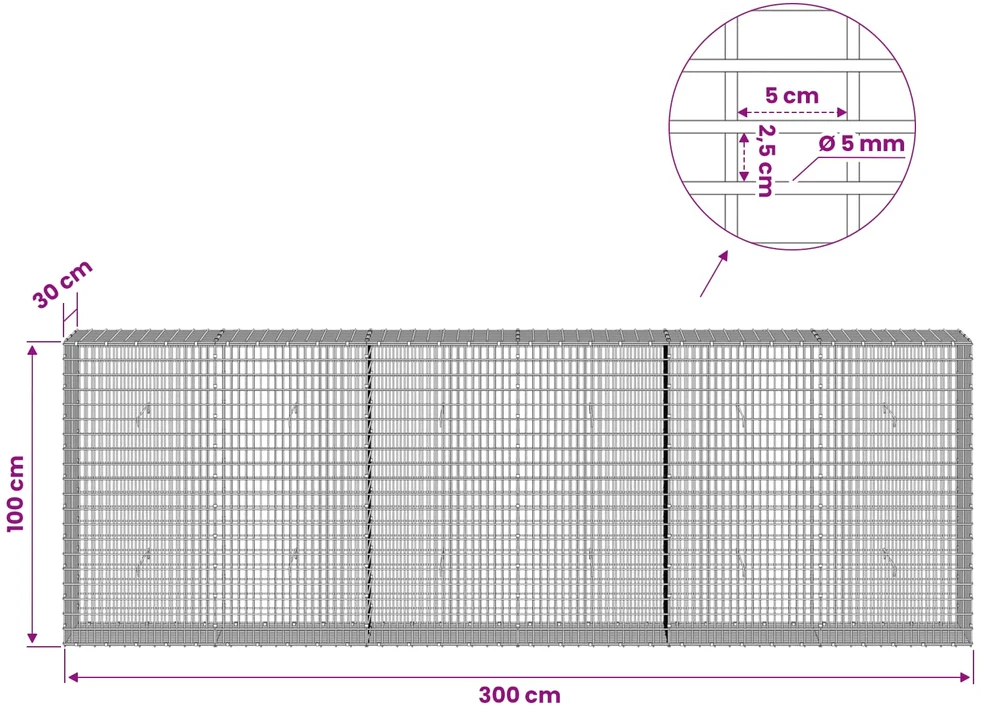 Gabionas su 5 mm viela ir 5x2,5 cm tinkleliu 300x30x100 cm