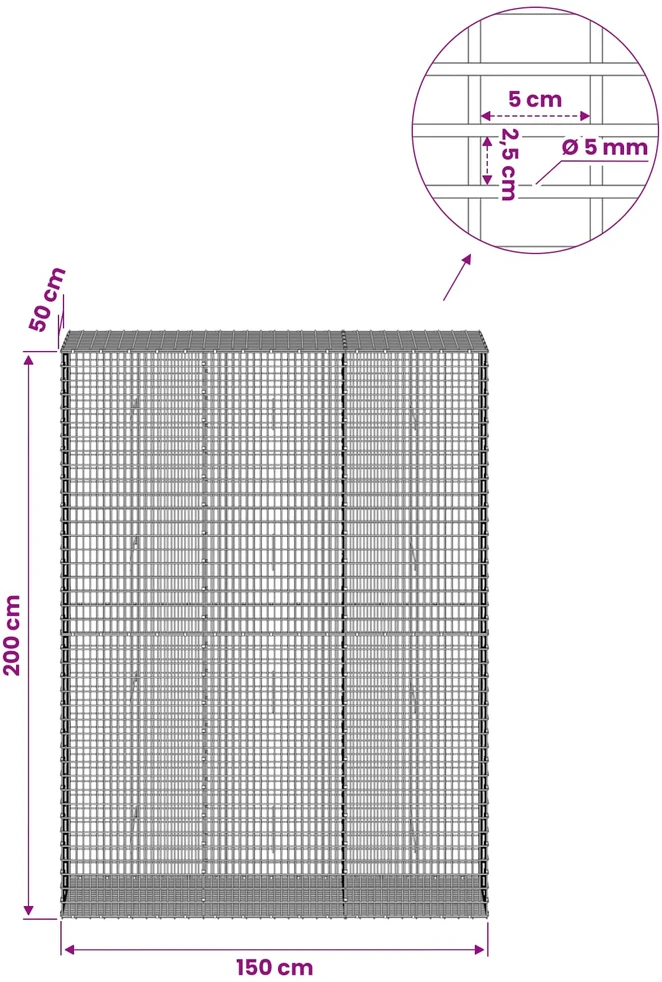 Gabionas su 5 mm viela ir 5x2,5 cm tinkleliu 150x50x200 cm