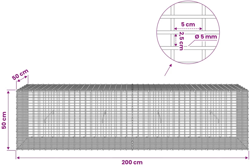 Gabionas su 5 mm viela ir 5x2,5 cm tinkleliu 200x50x50 cm