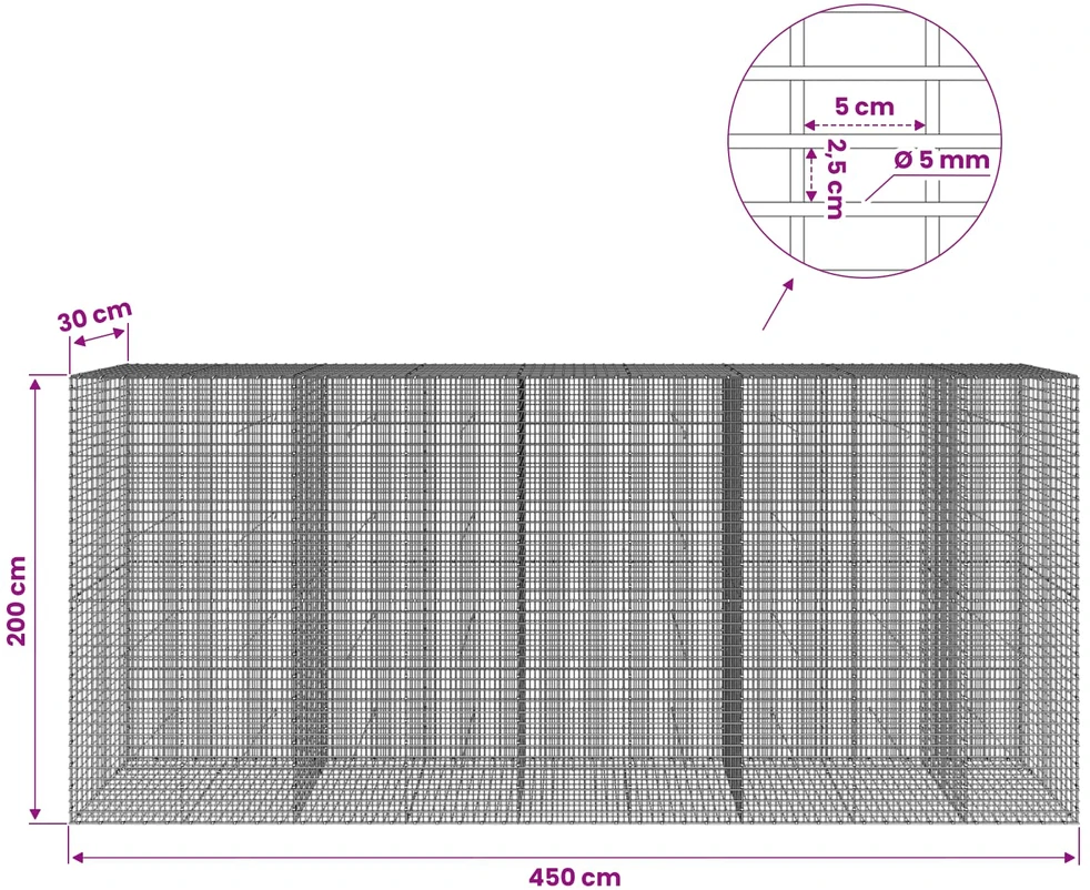 Gabionas su 5 mm viela ir 5x2,5 cm tinkleliu 450x30x200 cm