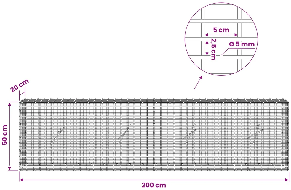 Gabionas su 5 mm viela ir 5x2,5 cm tinkleliu 200x20x50 cm