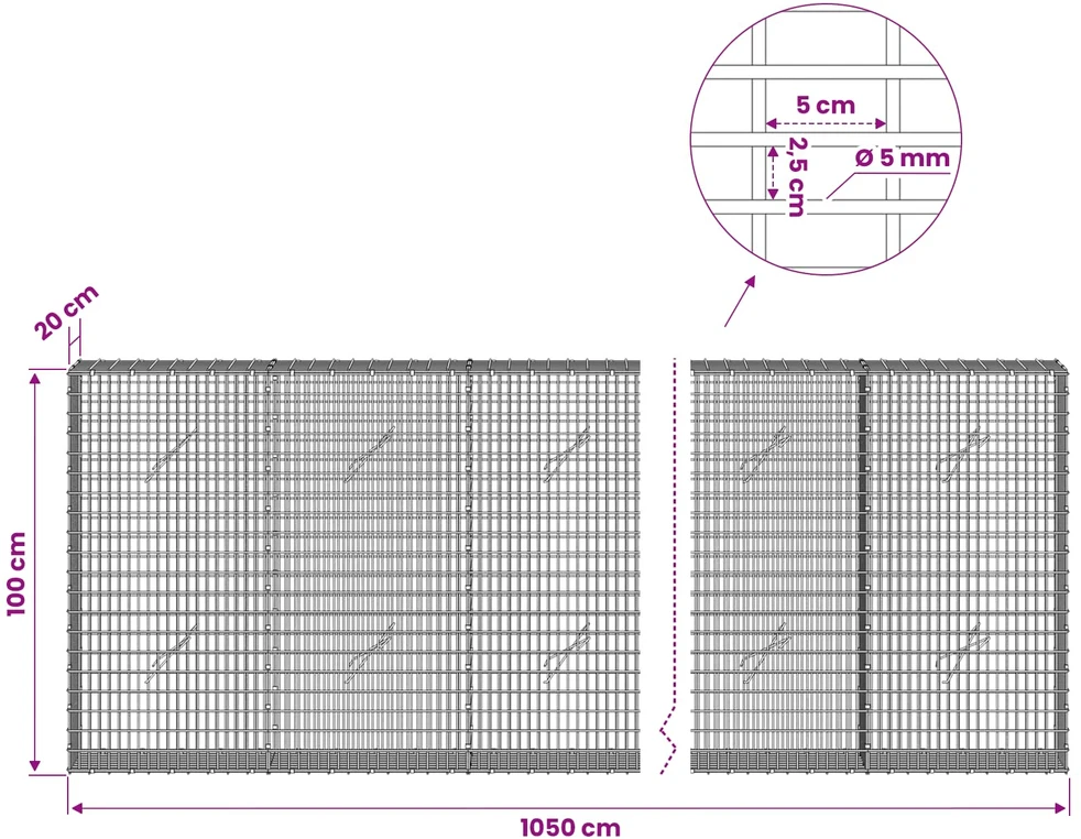 Gabionas su 5 mm viela ir 5x2,5 cm tinkleliu 1050x20x100 cm