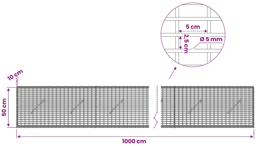 Gabionas su 5 mm viela ir 5x2,5 cm tinkleliu 1000x10x50 cm