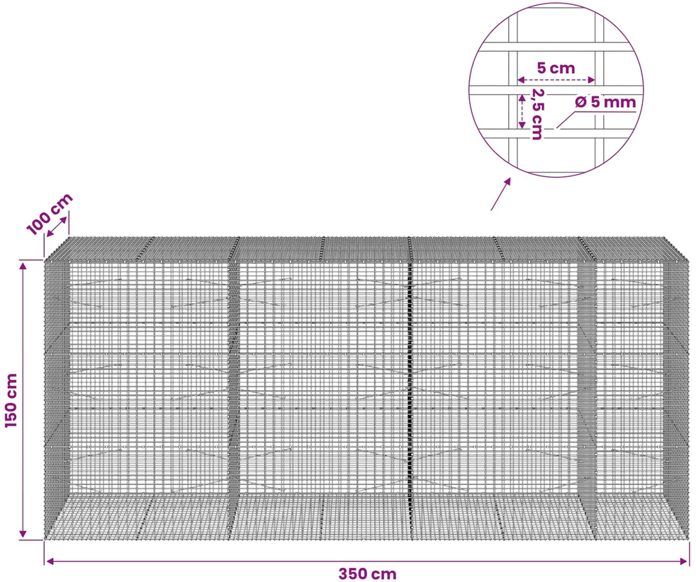 Gabionas su 5 mm viela ir 5x2,5 cm tinkleliu 350x100x150 cm