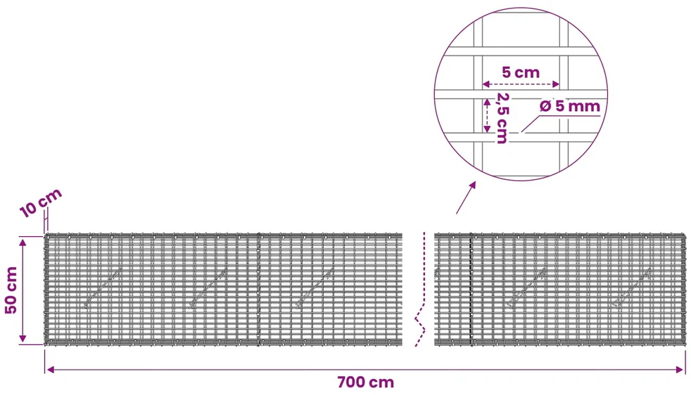 Gabionas su 5 mm viela ir 5x2,5 cm tinkleliu 700x10x50 cm
