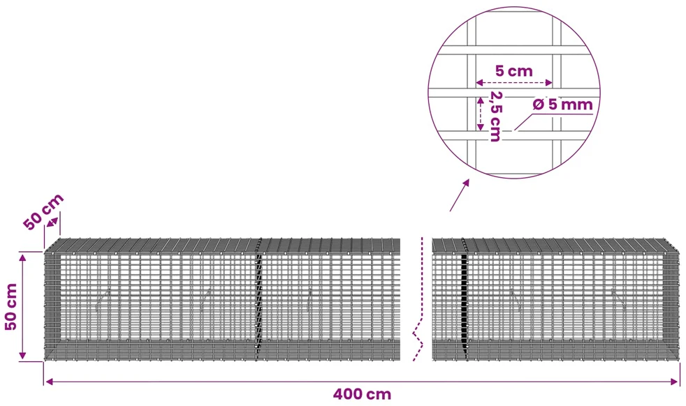 Gabionas su 5 mm viela ir 5x2,5 cm tinkleliu 400x50x50 cm