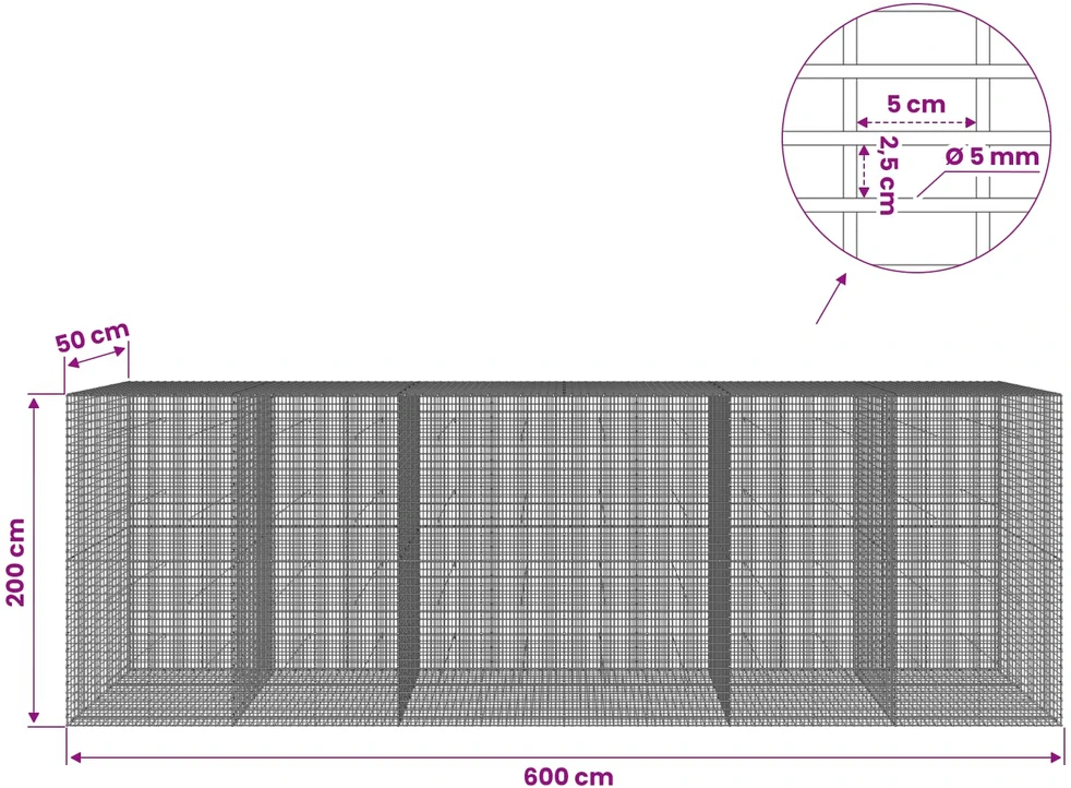 Gabionas su 5 mm viela ir 5x2,5 cm tinkleliu 600x50x200 cm