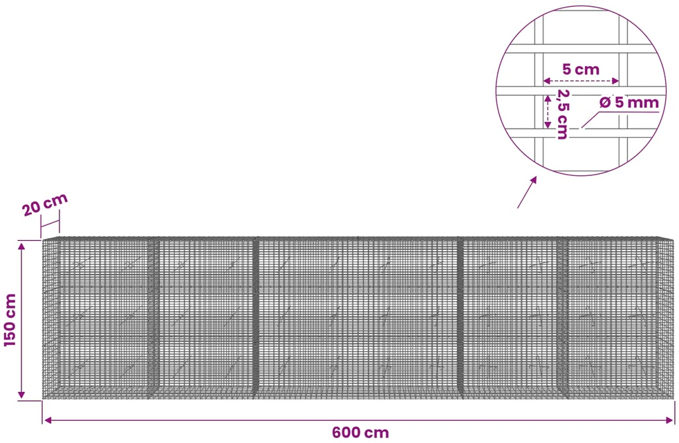 Gabionas su 5 mm viela ir 5x2,5 cm tinkleliu 600x20x150 cm