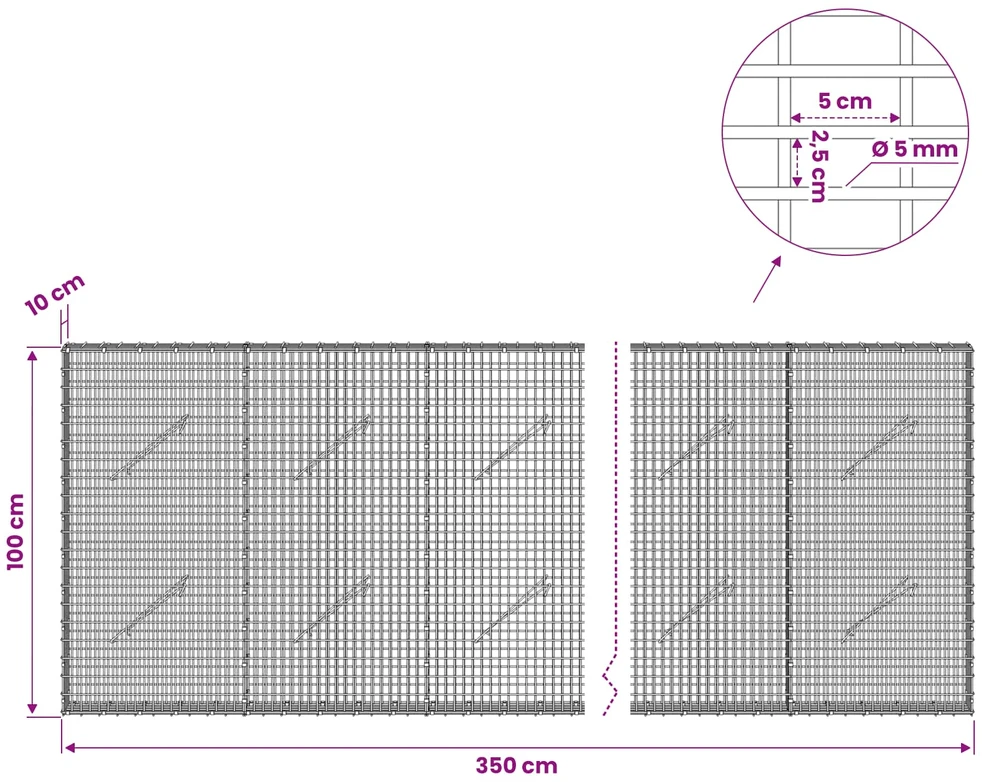 Gabionas su 5 mm viela ir 5x2,5 cm tinkleliu 350x10x100 cm