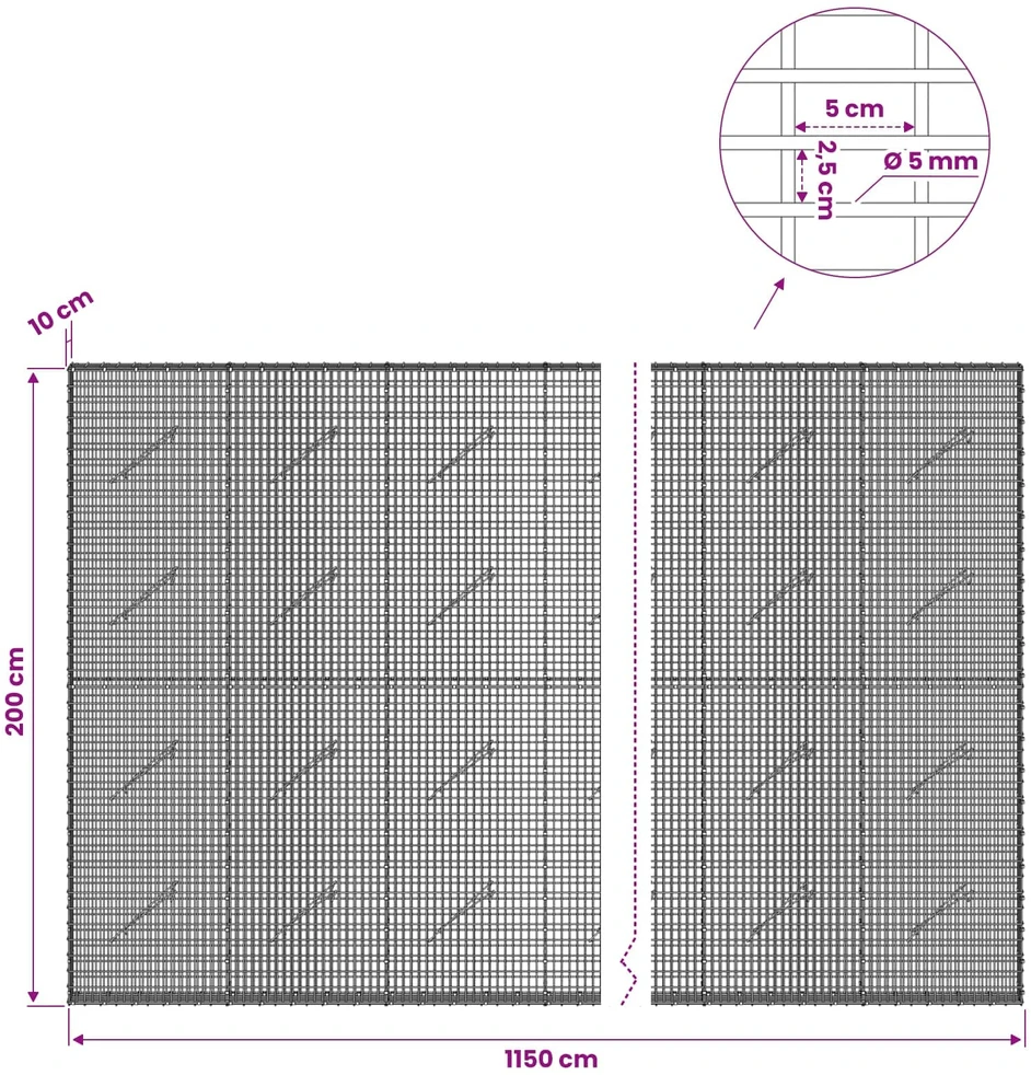 Gabionas su 5 mm viela ir 5x2,5 cm tinkleliu 1150x10x200 cm