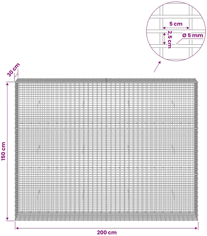 Gabionas su 5 mm viela ir 5x2,5 cm tinkleliu 200x30x150 cm