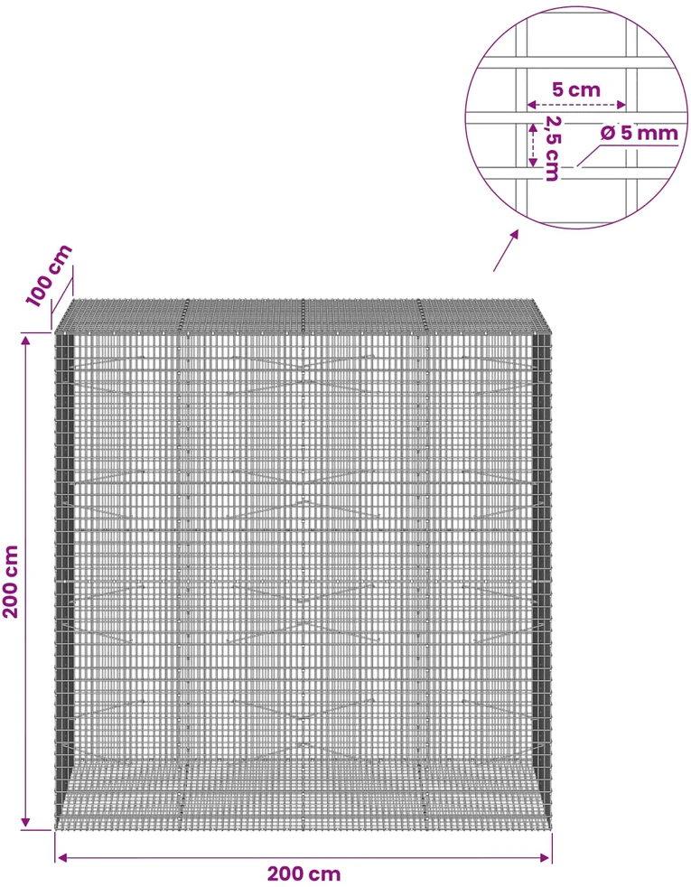 Gabionas su 5 mm viela ir 5x2,5 cm tinkleliu 200x100x200 cm