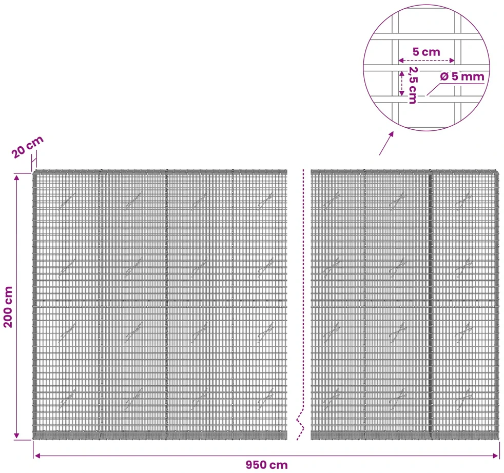 Gabionas su 5 mm viela ir 5x2,5 cm tinkleliu 950x20x200 cm