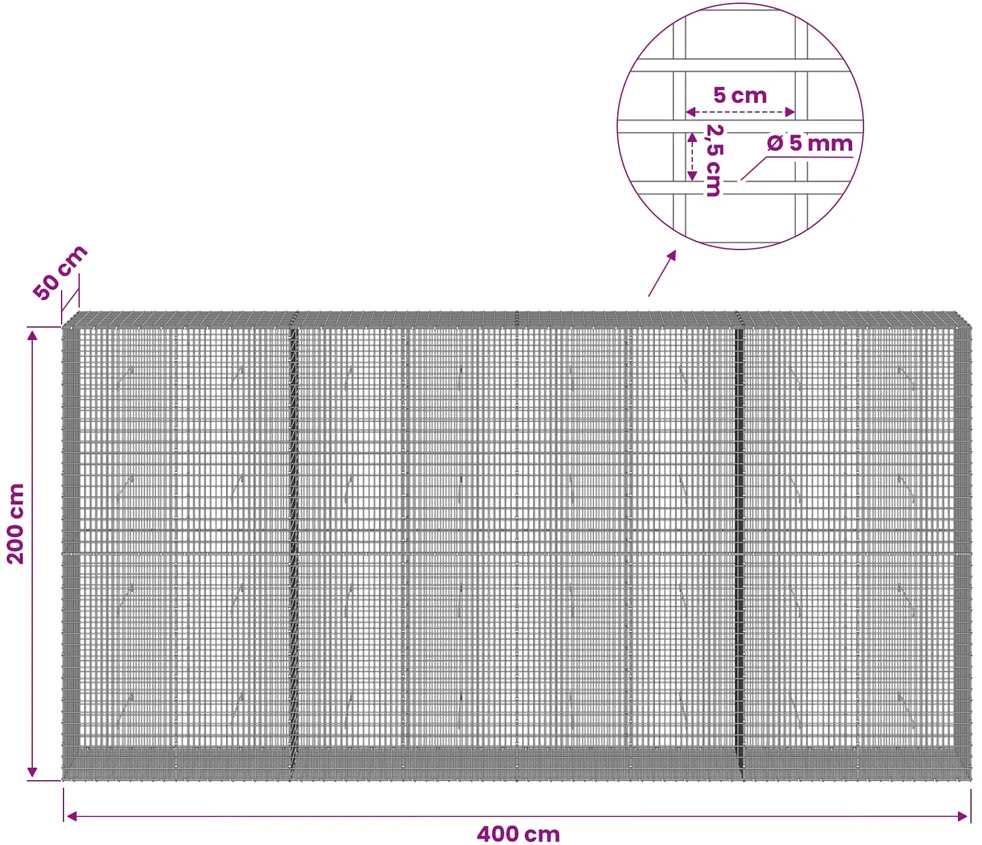Gabionas su 5 mm viela ir 5x2,5 cm tinkleliu 400x50x200 cm
